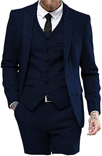 Mens Tweed Herringbone Wedding Suit Prom Tuxedos 3 Piece Peak Lapel Dress(Navy,5XL) - Image 1
