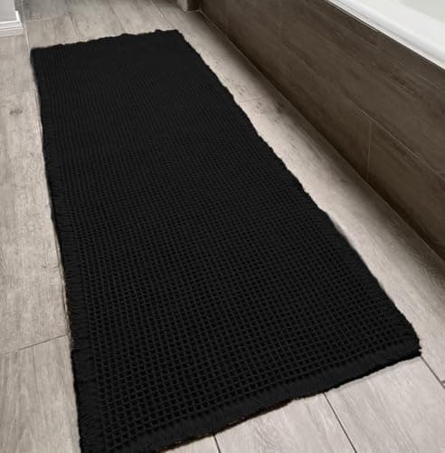 SHIMOH Upgraded Waffle Bath Mat – Ultra Soft, Super Absorbent & Non-Slip Rug with Tassels, Machine Washable, Rubber Backed for Bathroom, Hallway Runner, Kitchen and More (Black, 2' X 6') - Image 1