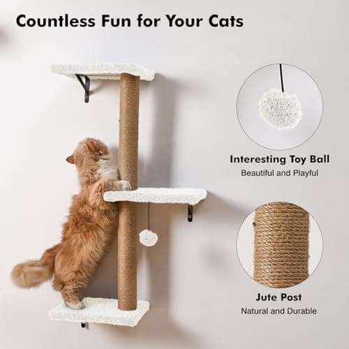 5-in-1 Cat Wall Shelves, Multi-Level Cat Climbing Furniture, Perch & Lounge for Indoor Cats, Space-Saving Wall Mounted Shelves for Play & Rest (Natural Wood) - White - Thumbnail 6