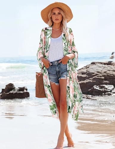 MayBuy Beach Cover Ups for Women Kimonos Boho Swimsuit Chiffon Coverups Long Flowy Swimwear Cardigan Summer Open Front Cover Up (01 White/Leaf, L) - Thumbnail 4