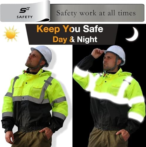 sesafety Reflective Jacket for Men, High Visibility Jackets, Safety Jackets for Men, Hi Vis Construction Bomber Jackets Waterproof with Pockets and Zipper, Black Bottom, Class 3 - Thumbnail 5