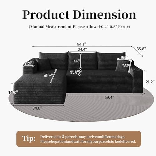 96" L Shaped Modular Sectional Sofa, Boneless Small Couch for Small Space, Corduroy Deep Seat Cloud Couch, No Assembly, Perfect for Apartment (Black, Left Facing Chaise) - Thumbnail 2