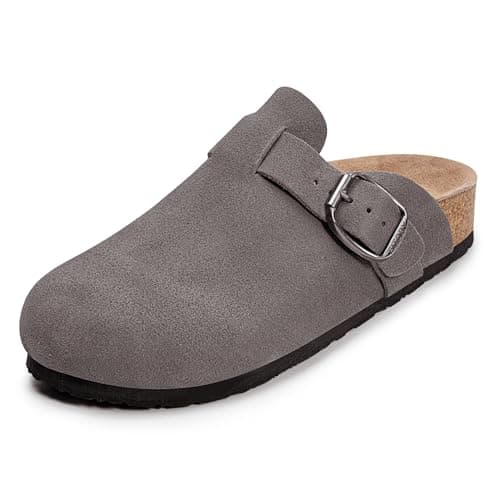 FITORY Womens Clogs Slip-on Potato Shoes Leather Mules with Suede Cork Footbed Grey Size 8 - Thumbnail 2