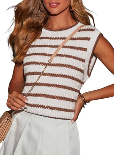 Dokotoo Sleeveless Tops for Women Casual Crew Neck Pullover Summer Sweaters Vest Basic Striped Loose Fit Lightweight Cute Shirts Comfy Cozy Ribbed Knit Tank Tops Brown Stripe XX-Large - Image 1