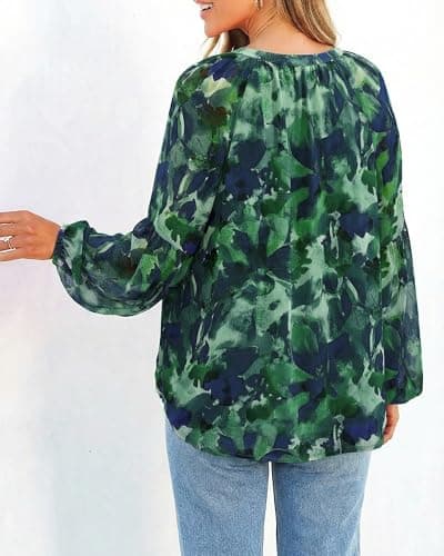 BTFBM Blouses for Women Dressy Casual Floral Summer Boho Tops V Neck Lightweight Long Sleeve Shirts Fall Clothes 2026(Print Green, XX-Large) - Thumbnail 3