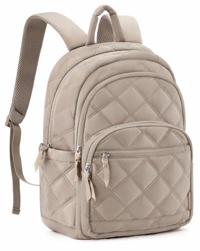 BAGSMART Travel Laptop Backpack, College Backpack for Women, Quilted Small Computer Bookbag, Water-Resistant 15.6 Inch Laptop Casual Bag, Beige