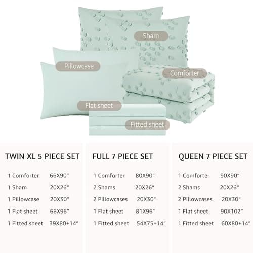 Geniospin Sage Green Twin Comforter Set for Girls- 5 Pieces Pom Tufted Bed in A Bag Twin Bedding Sets with Sheets, Pillowcases & Shams, All Season Kids Comforter Set - Thumbnail 4