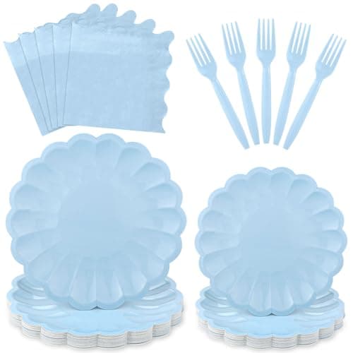 96 Pcs Light Blue Paper Plates and Napkins Blue Party Supplies Serve 24 Guests Include Scalloped Easter Plates Napkins Plastic Forks for Boy Baby Shower Bridal Shower Wedding Birthday - Image 1
