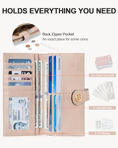 BOSTANTEN Slim Wallet Women Leather RFID Blocking Credit Card Holder Bifold Thin Wallet with Zipper Pocket Pink - Thumbnail 2