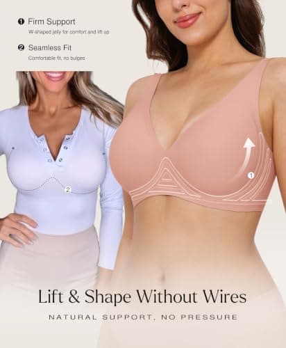 Seamless Bras for Women No Underwire Push Up Bra Comfy Wireless Supportive Bralettes Deep V Comfortable Tshirt Bra Nude L - Thumbnail 2