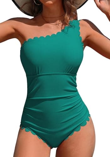 Charmo One Piece Swimsuit One Shoulder Bathing Suit for Womens 2026 Swimsuits Ribbed Swim Suit Scalloped Slimming Elder Swimwear Full Coverage Teal M - Image 1