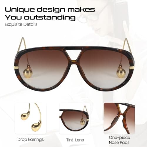 SODQW 2 Pack Oversized Aviator Sunglasses for Women Men With Earring Trendy Large Big Double Bridge 2025 Shades - Thumbnail 4