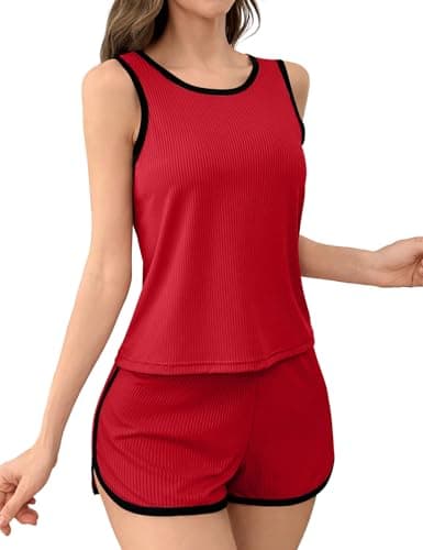 JUSTFASHIONNOW Women's 2-Piece Contrast Trim Pajama Set - Casual Tank Top & Shorts, Soft Ribbed Loungewear(Red Small)