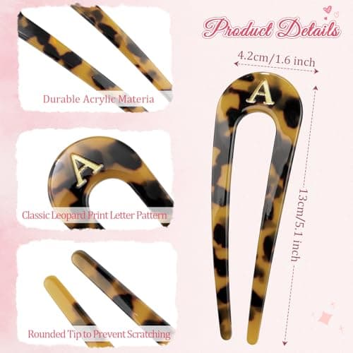 2 PCS Personalized Initial French Hair Pin for Women 5.1 Inch, Monogram Tortoise Shell Acetate U Shaped Hair Fork 2 Prong Chignon Pin Hair Accessories Birthday Gifts - Thumbnail 2