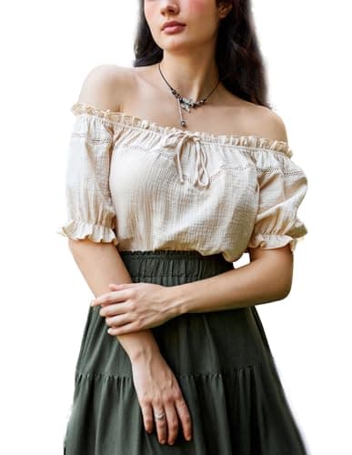 Women's Renaissance Blouse Summer Casual Off Shoulder Short Sleeve Tops Apricot M - Image 1