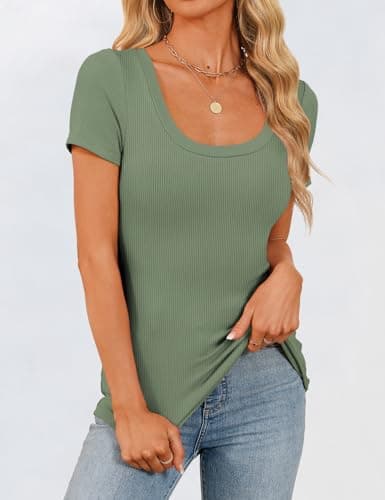 GKBK Womens Short Sleeve Tops Scoop Neck Ribbed Slim Fitted Tight Layering Top Basic Tee Shirts Cute Summer Tops Casual Spring Outfits 2026 Trendy Light Green - Thumbnail 2