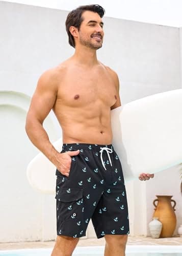 SILKWORLD Mens 9 Inch Stretch Swimming Shorts Compression Liner Swim Trunks Swimwear Bathing Suits Beach Wear Swim Suits, Blue Anchor, Medium - Thumbnail 6