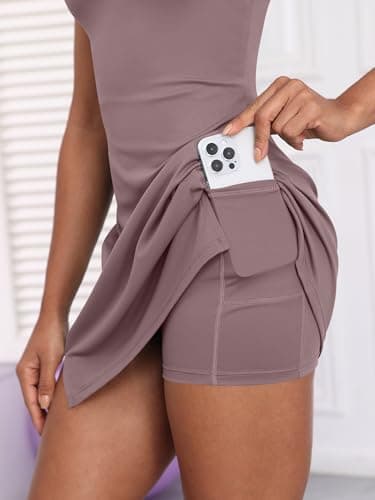 ANRABESS Women's Tennis Dresses Built in Shorts and Bra Summer Sleeveless Athletic Workout Golf Mini Active Romper Dress Purple Brown Medium - Thumbnail 3