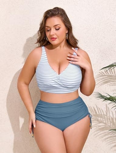 Arolina Ladies 2 Piece Swimsuits Twist Front V Neck Bathing Suits High Waist Push up Bikini Swimwear Stripes Blue Small - Thumbnail 4