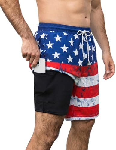 Aprolive 2 in 1Mens Shorts 7 Inch Men Swim Shorts Summer Beach Loose Fit Lightweight Swimwear with Zipper Pockets(American Flag,XX-Large) - Image 1