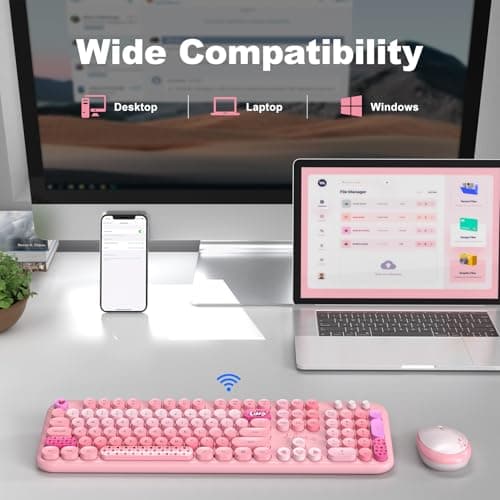 Atelus Wireless Keyboard and Mouse, Typewriter Full Size Keyboard with Number Pad and 2 in 1 USB Connected Mouse for Windows 7/8/10, Laptop, Desktop, PC, Computer (Pink Colorful) - Thumbnail 4