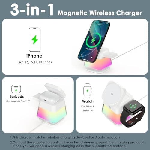Minthouz 3 in 1 Charging Station for iPhone, Wireless Charger for Apple, Charging Station for Multiple Devices with Multi-Color Light for iPhone 16, 15, 14, 13, 12 Pro, Apple Watch & AirPods Pro/4/3/2 - Thumbnail 2