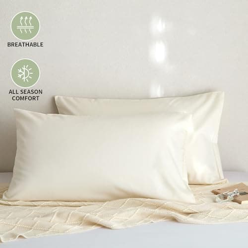 DCSKY Organic Cotton Queen Pillowcases - Set of 2, 800 Thread Count Cotton Pillowcases - Soft and Breathable Envelope Closure Pillow Cases - 20x30 Pillow Covers for Bed，Cream White - Thumbnail 6