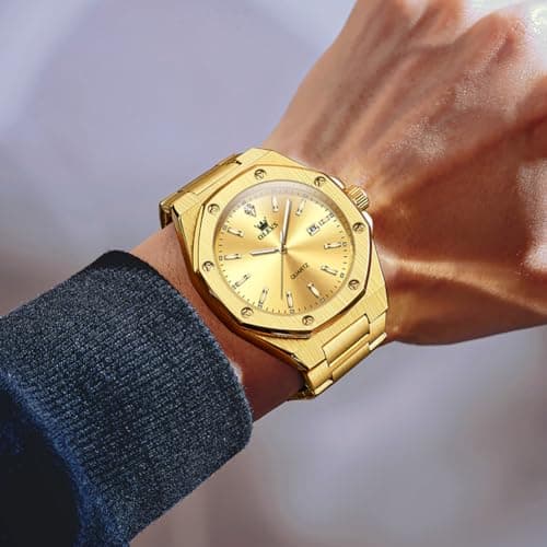 OLEVS Gold Watches for Men Luxury Business Quartz Men Wrist Watch Waterproof Stylish Classic Large Dial Watch for Men with Date Window Elegant for Evening Banquets Ideal Birthday Gift for Friend - Thumbnail 3