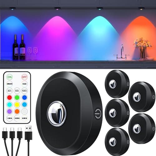 WILLED Rechargeable RGB Puck Lights with Remote Control, 1200mAh Battery Operated Tap Lights, Dimmable Touch Under Cabinet Lighting, Wireless Push Light, LED USB Shelf Light (6 Pack) - Image 1