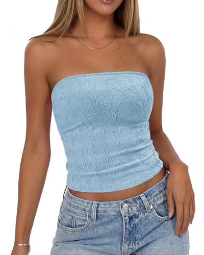 BTFBM Tube Tops for Women Floral Embroidery Summer Crop Top 2026 Strapless Going Out Y2K Beach Vacation Spring Clothes(Light Blue, XX-Large) - Image 1