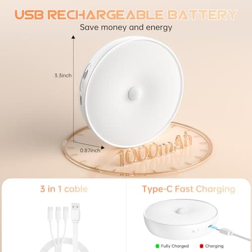 Warm Color LED Closet Lights Motion Sensor Puck Light, USB Rechargeable Battery Operated Puck Step Lights, Dimmable Under Cabinet Lighting for Counter Wardrobe Kitchen (6 Pack) - Thumbnail 3