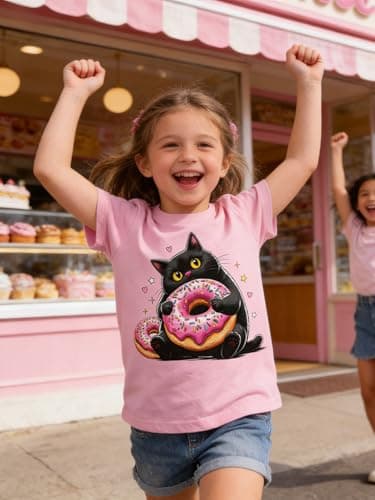 Funnycokid Little Girls Shirt Size 6 7 Kids Pink Tees Black Cat Donuts Animal Children Cute T-Shirt Graphic Short Sleeve Clothes Tops - Thumbnail 2
