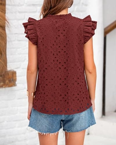 BTFBM Summer Eyelet Tops for Women 2026 Dressy Casual Spring V Neck Ruffle Cap Sleeve Embroidered Blouses Resort Wear(Brown Red, Small) - Thumbnail 3