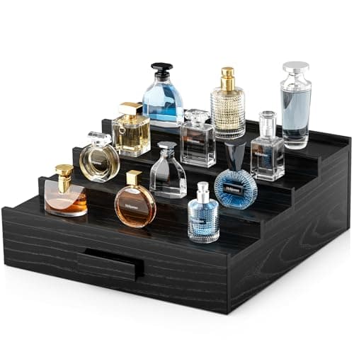 Hrbjunuo Solid Walnut Cologne Organizer for Men, 4 Tier Cologne Stand, Wooden Cologne Holder Display Shelf with Drawer Storage and Hidden Compartment, Black Perfume Stand Organizer, Gifts for Men - Image 1