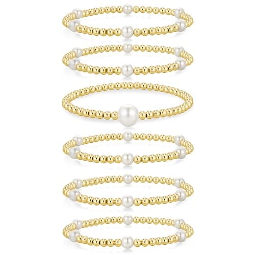 Yoosteel Gold Beaded Bracelets Set for Women - 14k Gold Plated Dainty Round Beaded Pearl Bracelet for Women Simplicity Stackable Jewelry Gifts（6 Pcs） - Image 1