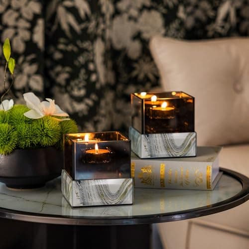 Crystal Glass Candle Holder Suqare with Marble Pattern-Tealight and Votive Candles Holders Centerpiece Table Decorations for Home Décor, Dining Room, Kitchen, Patio (White) - Thumbnail 6