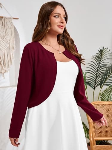 AusLook Plus Size Women Shrugs Long Sleeve Burgundy 4X Open Front Cardigan Knit Lightweight Coat Cropped Bolero Tops Shawls and Wraps Dressy Sweater - Thumbnail 4