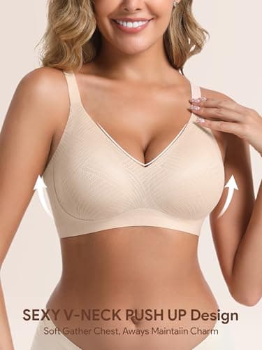 Jelly Wireless Bras for Women Lace V Neck Push up Seamless T Shirt Bra Comfortable No Underwire Bra with Adjustable Straps - Thumbnail 2