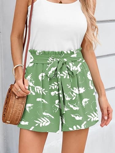 DEARCASE Casual Shorts for Women Summer Green White Flowers XX-Large Beach High Waisted Adjustable Lightweight Tie Knot Drawstring Stretchy Lounge Wide Leg Office Boho Cute Short Pants with Pockets - Thumbnail 2