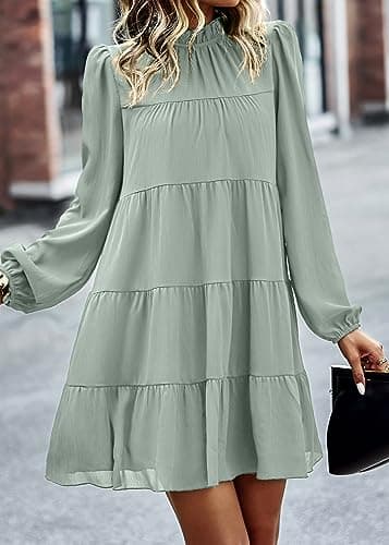 KIRUNDO Long Sleeve Baby Doll Dresses Women 2026 Casual Spring Summer Ruffle Mock Neck Tiered Mini Flowy Swing Shift Dress(Light Green, X-Large) - Thumbnail 2