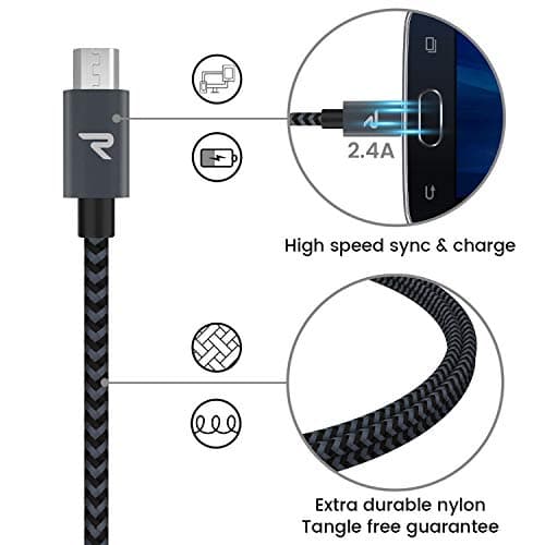 RAMPOW Micro USB Cable [2 Pack/3.3ft] QC 3.0 Fast Charging & Sync Android Charger, Braided Nylon Micro USB Cables for Samsung Galaxy S7/S6 and Edge, Note 6/5, Sony, Kindle, PS4 - Space Gray - Thumbnail 3