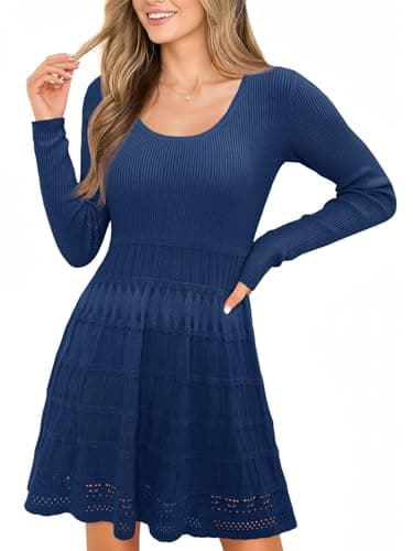 Wenrine Womens Long Sleeve Sweater Dress Knit Crochet Casual A Line Flowy Skater Mini Dresses Navy - Image 1