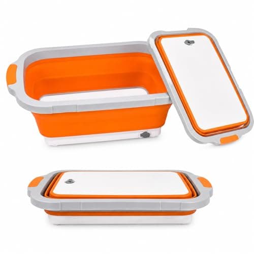 Collapsible BBQ Prep Tub with Cutting Board & Lid, Folding Food Container BPA-Free Heavy-Duty, Dishwasher Safe, Upgraded Drain Hole - for Camping, Grilling Outdoor Cooking (Orange, X-Large) - Image 1