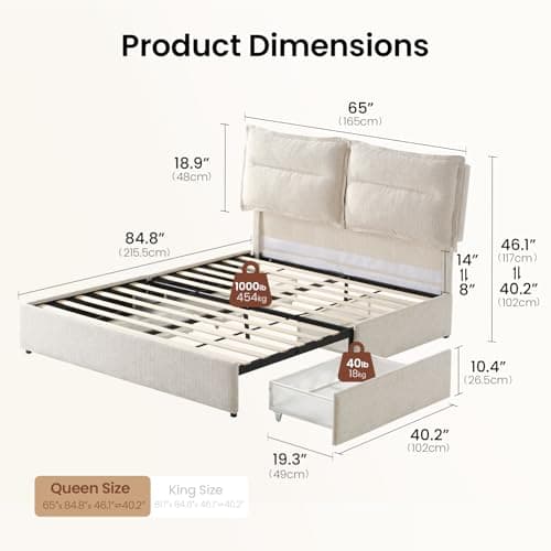 ModernMate Queen Bed Frame with 4 Storage Drawers, Upholstered Bed Frame with Adjustable Headboard, Dual Cushions Design, OEKO-TEX Fabric, Noise-Free, Wooden Slats Support, No Box Spring Needed, Beige - Thumbnail 2