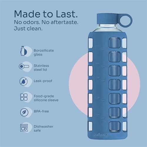 purifyou 40oz / 32oz / 22oz / 12oz Borosilicate Glass Water Bottle with Time & Volume Markers, Silicone Sleeve, Stainless Steel Lid | Reusable Glass Bottle for Water & Juice (22oz Chinese Porcelain) - Thumbnail 4