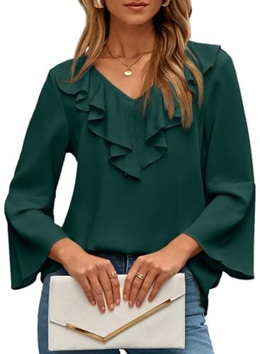 Dokotoo Womens Blouse 3/4 Length Sleeve Shirts for Women Spring Fashion Trendy Ruffle V Neck Causal Tops Dressy Business Top Women's Green Oversized Shirts XX-Large - Image 1