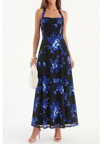 KIRUNDO Women's Summer Sleeveless Halter Floral Maxi Dress 2026 Beach Wedding Guest Cocktail Mesh Flowy A Line Long Sundress(Black, X-Large) - Thumbnail 2