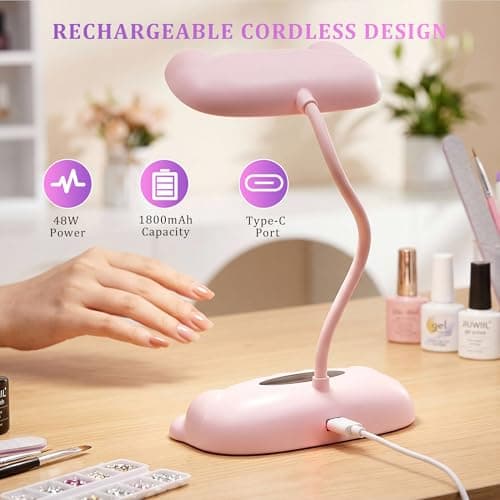 U V LED Nail Lamp, JIUWIIL U V Light for Gel Nails with 24 Beads Curing lamp 3 Timer Nail Dryer, LCD Display, Auto Sensor, Fast Curing Goosenecks Lamp for Gel Polish for Advanced DIY at Home (Pink) - Thumbnail 5