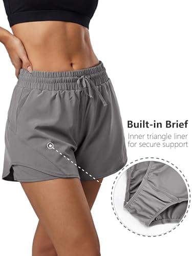 Stelle Women Running Shorts with Pockets High Waisted Drawstring Athletic Workout Quick-Dry Gym Shorts Mesh Liner (Smoke Grey, M) - Thumbnail 4