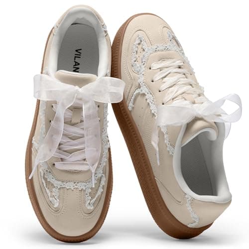 Vilanva Women's Lace Detail Fashion Sneakers Comfortable Casual Dress Sneakers with Retro Gum Sole Walking Trendy Footwear - Image 1